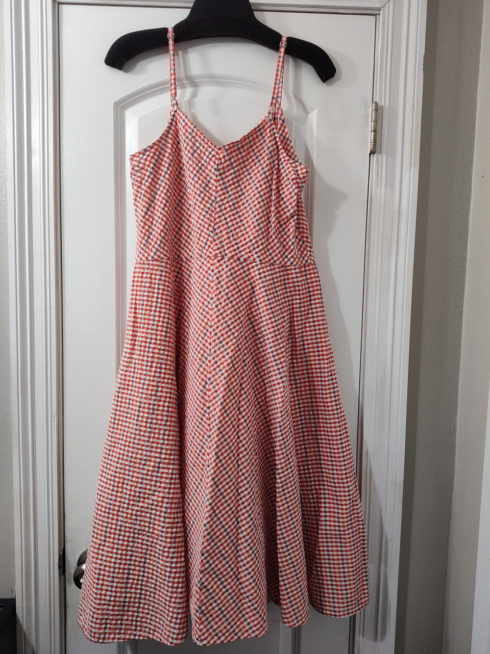 LL Bean Signature Red, White and Blue Gingham Midi Dress with Spaghetti Straps